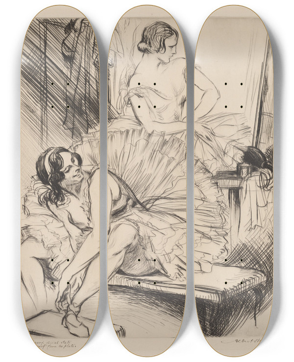 Triptych art skateboard deck of Albert Sterner Ladies Of The Ballet by Albert Sterner (1863-1946)