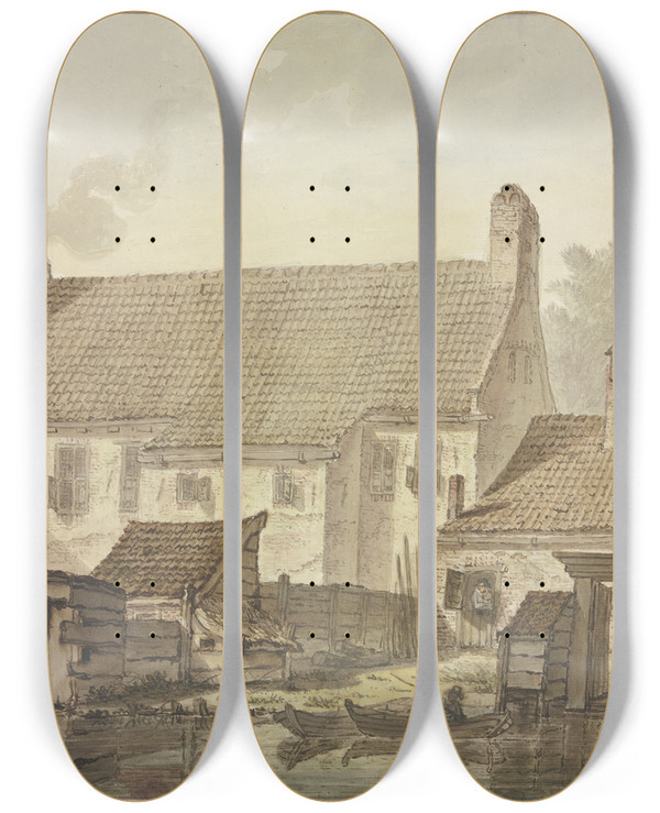 Triptych art skateboard deck of Johannes Hendrik Knoop Huserzeile Am Wasser Vorne Zwei Khne Mit Einem Angler by Johannes Hendrik Knoop