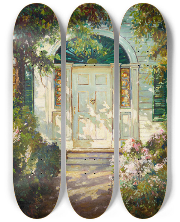 Triptych art skateboard deck of Abbott Fuller Graves Kennebunk Door by Abbott Fuller Graves (1859-1936)