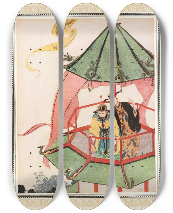 Triptych art skateboard deck of Edmund Dulac The Sultan And His Vvzier Looking For Aladdins Magic Palace by Edmund Dulac (1882-1953)
