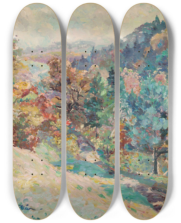 Triptych art skateboard deck of Emmanuel De La Villon Valle De Calamine Automne by Emmanuel de La Villon (1858-1944)