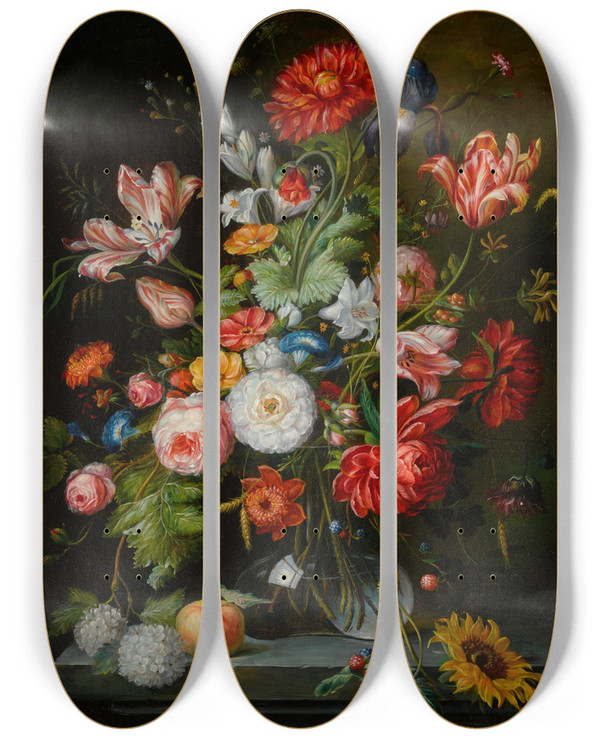 Triptych art skateboard deck of Continental School Still Life With Flowers In A Glass Vase by Continental School
