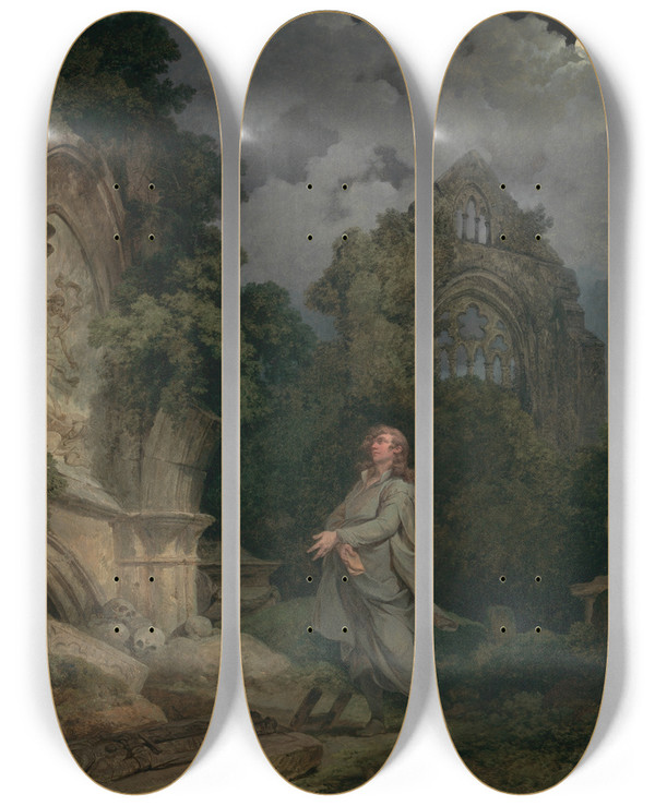 Triptych art skateboard deck of Philip James De Loutherbourg A Philosopher In A Moonlit Churchyard by Philip James De Loutherbourg (1740-1812)