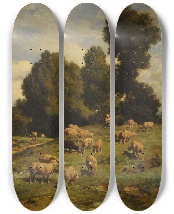 Triptych art skateboard deck of Charles Emile Jacque Moutons Au Pturage by Charles Emile Jacque (1813-1894)