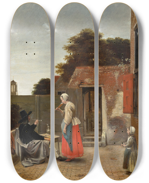 Triptych art skateboard deck of Pieter De Hooch A Man Smoking And A Woman Drinking In A Courtyard by Pieter De Hooch (1629-1684)