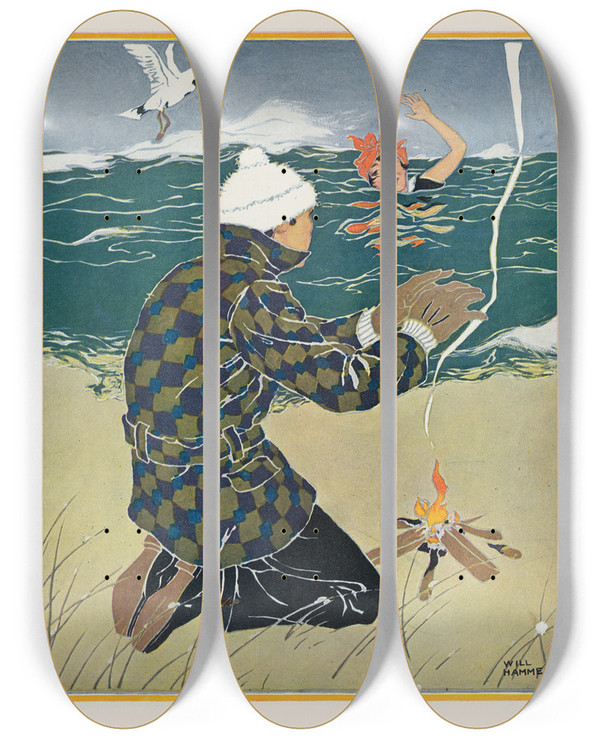 Triptych art skateboard deck of Will Hammell A Midwinter Martyr by Will Hammell (1888-1963)