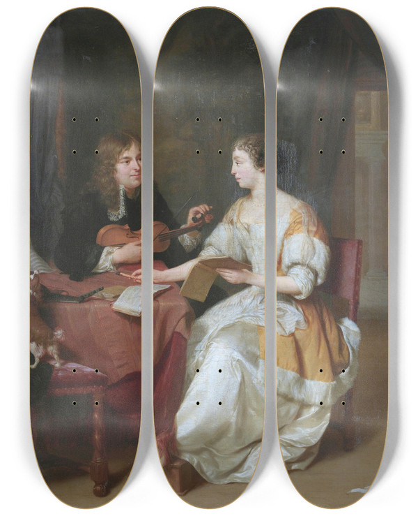 Triptych art skateboard deck of Jan Verkolje An Elegant Couple Making Music In An Interior by Jan Verkolje (1650-1693)