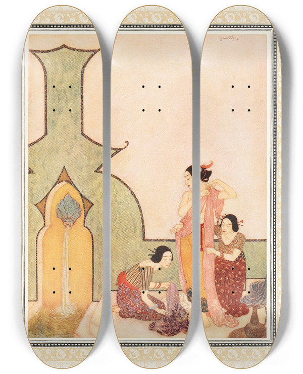 Triptych art skateboard deck of Edmund Dulac The Lady Bedrelbudur At Her Bath by Edmund Dulac (1882-1953)