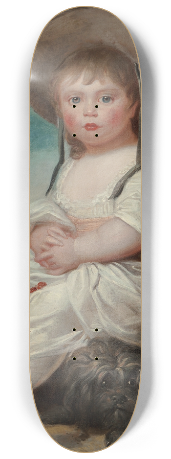 English School - A portrait of a young girl, seated in a landscape with her pet dog, thought to be the Honorable Mary Legge 8.25 inch art skate deck
