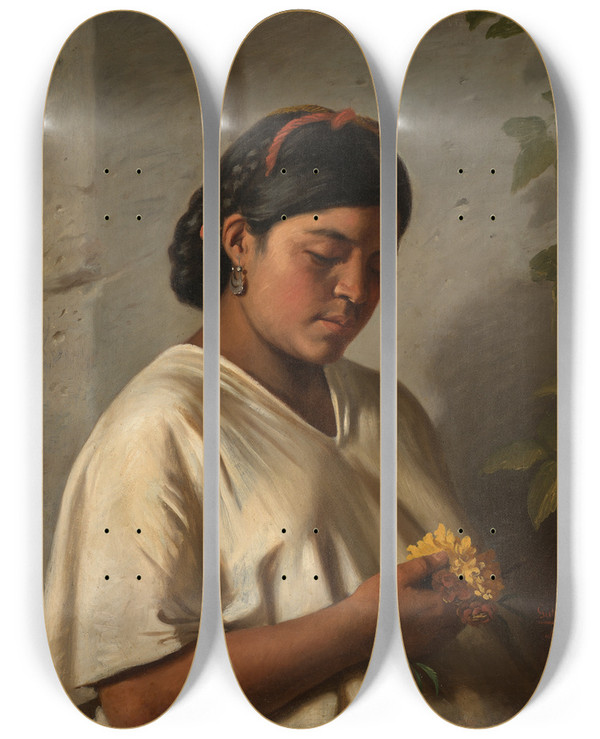 Triptych art skateboard deck of Felipe Santiago Gutirrez Indian Woman With Marigold Mujer Indgena Con Cempaschil by Felipe Santiago Gutierrez (1824-1904)