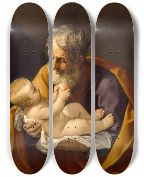 Triptych art skateboard deck of Guido Reni Saint Joseph And The Christ Child by Guido Reni (1575-1642)