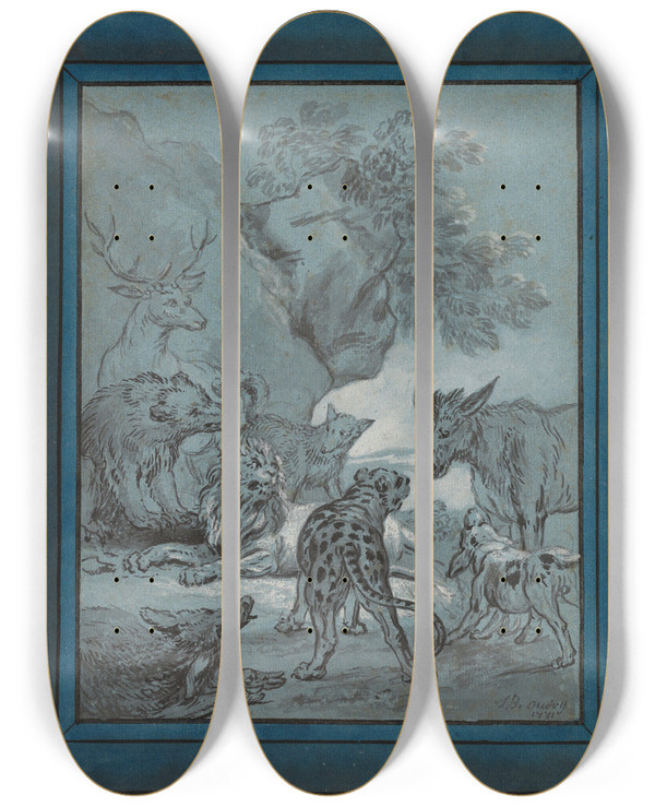 Triptych art skateboard deck of Jeanbaptiste Oudry The Plaguestricken Animals by Jean-Baptiste Oudry (1686-1755)