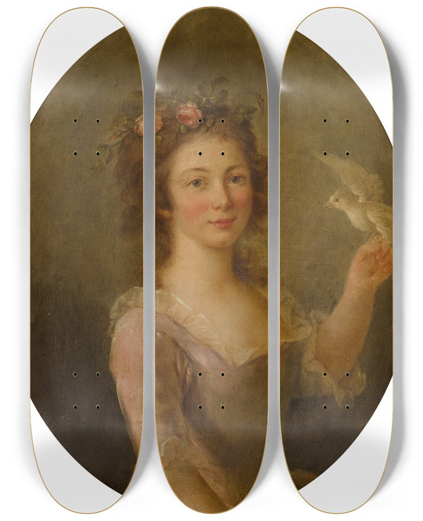 Triptych art skateboard deck of Marie Victoire Lemoine Young Girl With A Bird by Marie Victoire Lemoine (1754-1820)