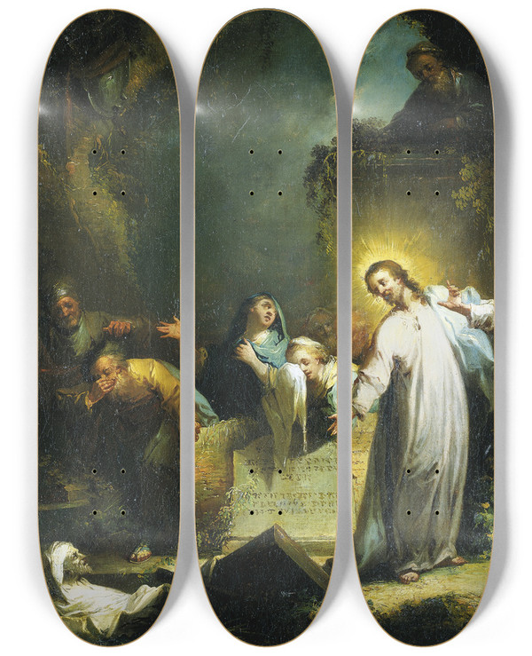 Triptych art skateboard deck of Johann Georg Trautmann The Raising Of Lazarus_1 by Johann Georg Trautmann (1713-1769)