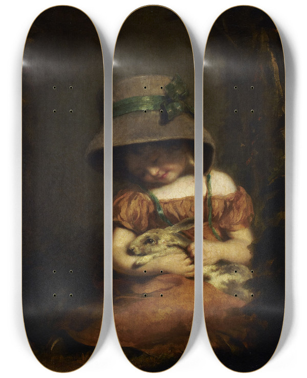 Triptych art skateboard deck of John Hoppner Girl With A Rabbit by John Hoppner (1758-1810)