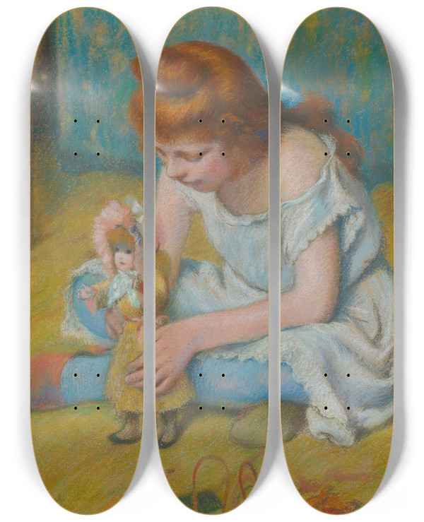 Triptych art skateboard deck of Federico Zandomeneghi Enfant Jouant La Poupe Young Girl Playing Witha Doll by Federico Zandomeneghi (1841-1917)