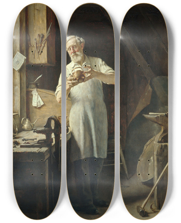 Triptych art skateboard deck of Edgar Melville Ward The Coppersmith by Edgar Melville Ward (1839-1915)