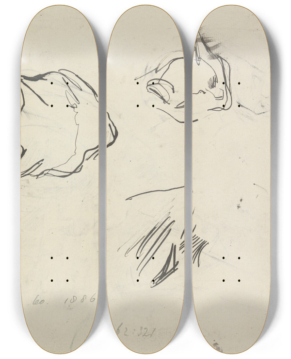 Triptych art skateboard deck of Jan Veth Schetsen Van Een Kat by Jan Veth (1864-1925)