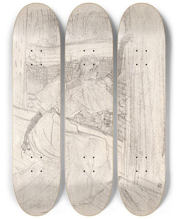 Triptych art skateboard deck of Henri De Toulouselautrec Yvette Guilbert Saluant Le Public by Henri de Toulouse-Lautrec (1864-1901)