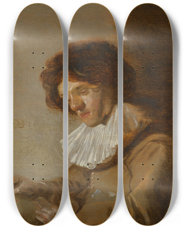 Triptych art skateboard deck of Dirck Hals A Youth Holding A Flask by Dirck Hals (1591-1656)