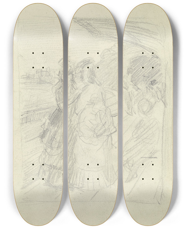 Triptych art skateboard deck of Otto Scholderer Luise Scholderer Mit Begleiterin Auf Dem Bahnsteig by Otto Scholderer (1834-1902)