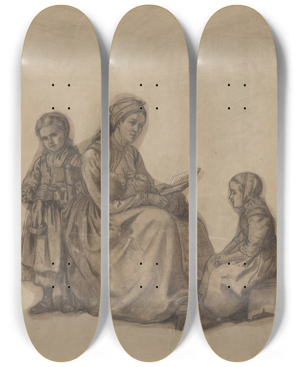 Triptych art skateboard deck of Adolph Tidemand Kvinne Med Spedbarn Som Leser For To Smpiker by Adolph Tidemand (1814-1876)