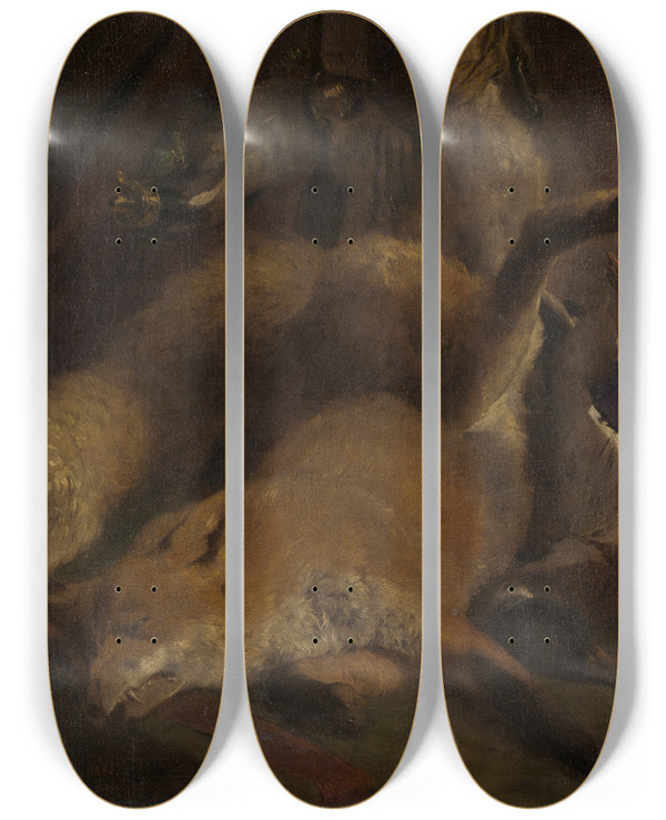 Triptych art skateboard deck of Ferdinand Keller Jagdstilleben by Ferdinand Keller (1842-1922)