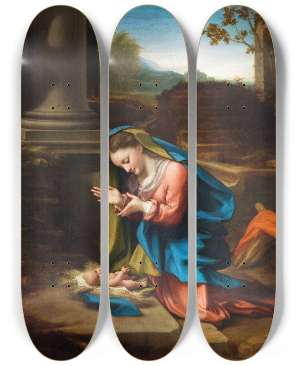 Triptych art skateboard deck of Correggio Adoration Of The Christ Child by Correggio (1489-1534)
