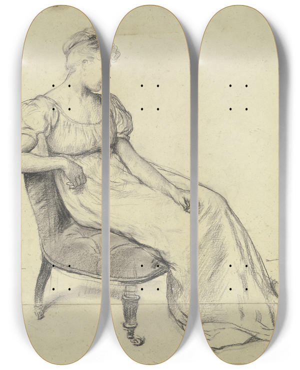 Triptych art skateboard deck of Otto Scholderer Sitzende Aus Der Vorbereitung Zum Kostmball_3 by Otto Scholderer (1834-1902)
