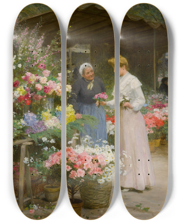 Triptych art skateboard deck of Victor Gabriel Gilbert Marche Aux Fleurs De La Madeleine Lembarras Du Choix by Victor Gabriel Gilbert (1847-1933)