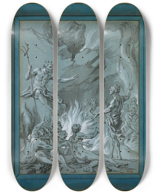 Triptych art skateboard deck of Jeanbaptiste Oudry Belphagore by Jean-Baptiste Oudry (1686-1755)