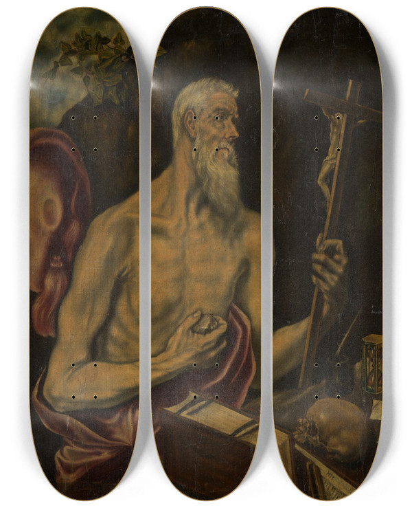 Triptych art skateboard deck of El Greco Domenikos Theotokopoulos St Jerome In Penitence by El Greco Domenikos Theotokopoulos (1540-1614)