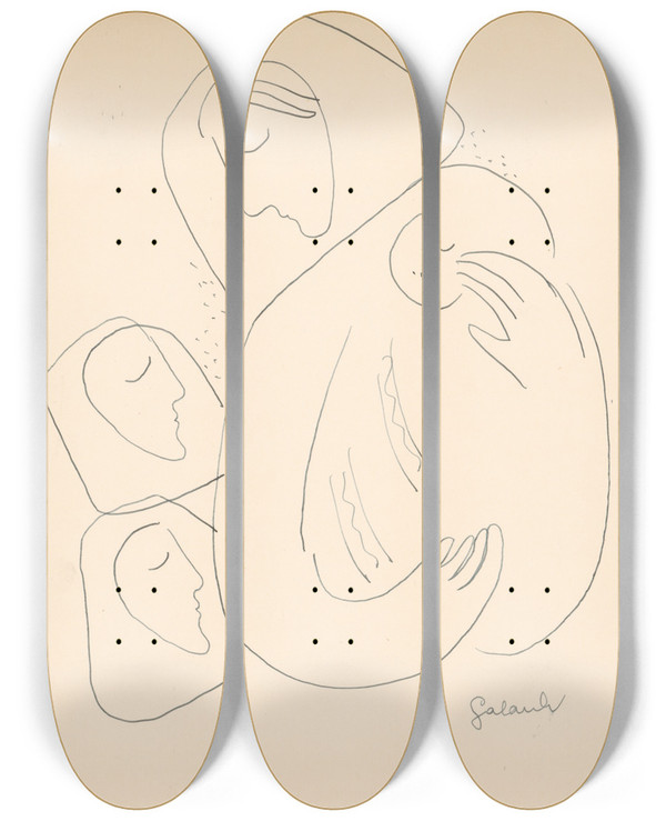 Triptych art skateboard deck of Mikul Galanda Matka S Dieaom V Perinke A S Dvoma Enami by Mikulas Galanda (1895-1938)