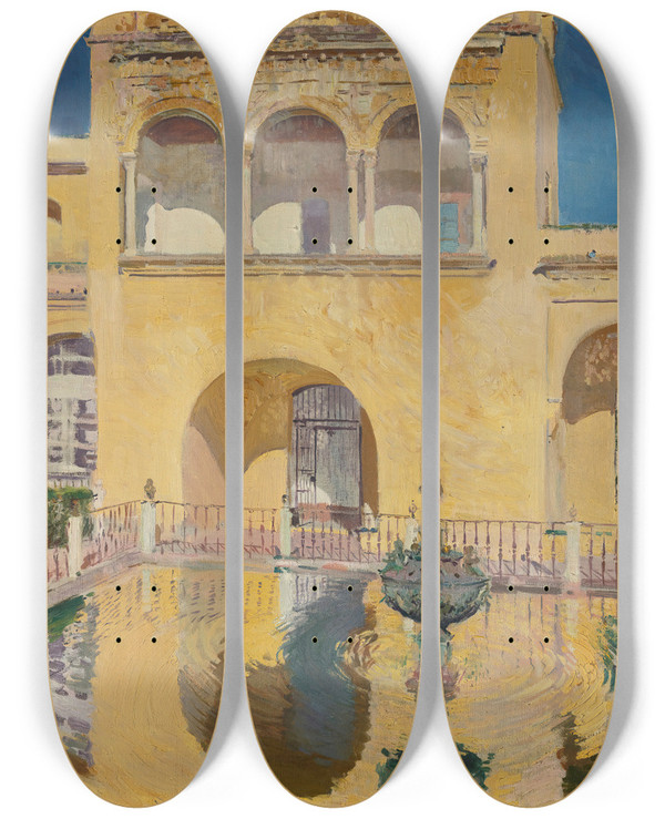 Triptych art skateboard deck of Joaqun Sorolla Palacio De Carlos V Alczar De Sevilla by Joaquin Sorolla (1863-1923)