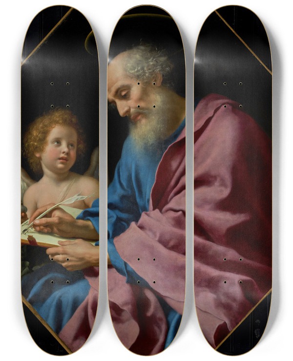 Triptych art skateboard deck of Carlo Dolci Saint Matthew Writing His Gospel by Carlo Dolci (1616-1687)