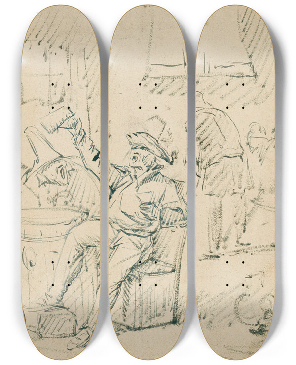 Triptych art skateboard deck of Egbert Van Heermskerck A Tavern Scene by Egbert Van Heermskerck (1634-1704)