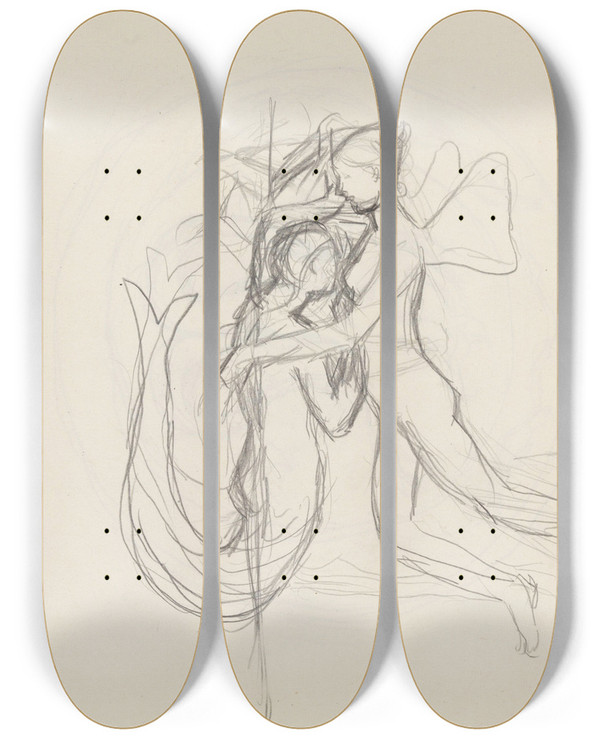 Triptych art skateboard deck of Signe Scheel Triton Og Kvinne Med Vinger by Signe Scheel (1860-1942)