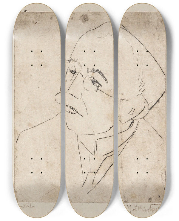 Triptych art skateboard deck of Ernst Ludwig Kirchner Kopf Gustav Schiefler I by Ernst Ludwig Kirchner (1880-1938)