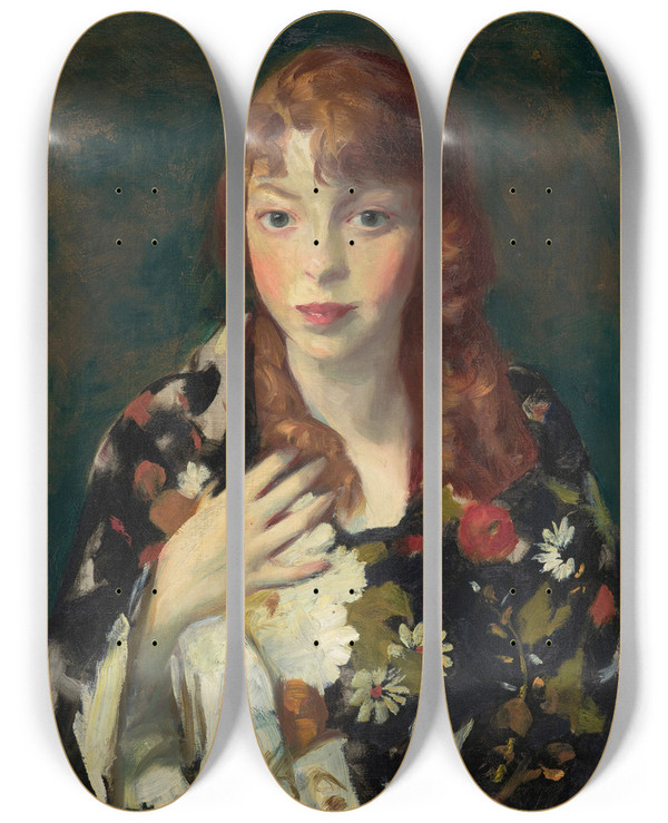Triptych art skateboard deck of Robert Henri Edna Smith In A Japanese Wrap by Robert Henri (1865-1929)