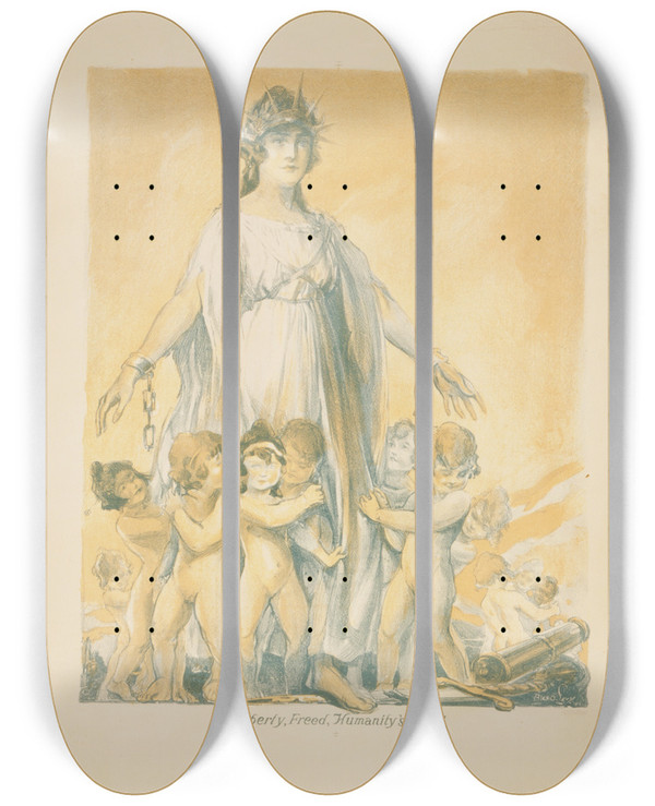 Triptych art skateboard deck of Alexander O Levy Liberty Freed Humanitys Need by Alexander O Levy (1881-1947)
