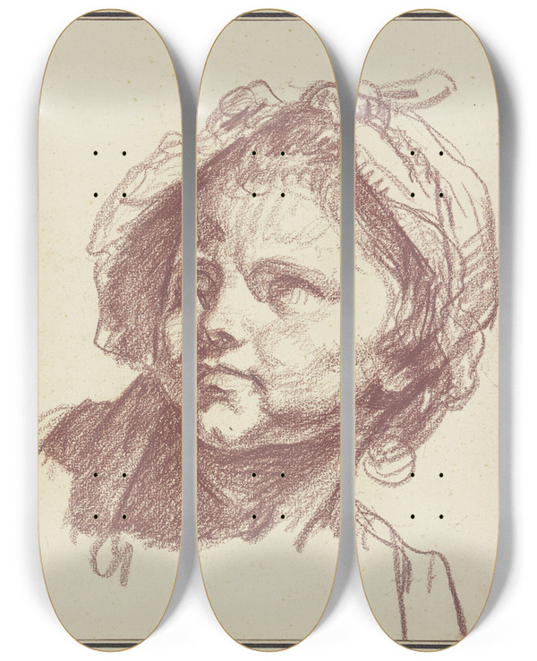 Triptych art skateboard deck of Jeanbaptiste Greuze Girls Head With Bonnet by Jean-Baptiste Greuze (1725-1805)