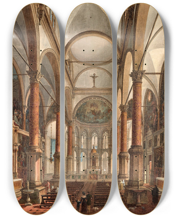 Triptych art skateboard deck of Giuseppe Borsato Venice Interior Of The Church Of San Zaccaria by Giuseppe Borsato (1771-1849)