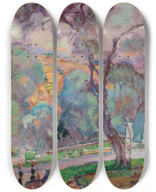 Triptych art skateboard deck of Magnus Enckell Park View From San Remo by Magnus Enckell (1870-1925)