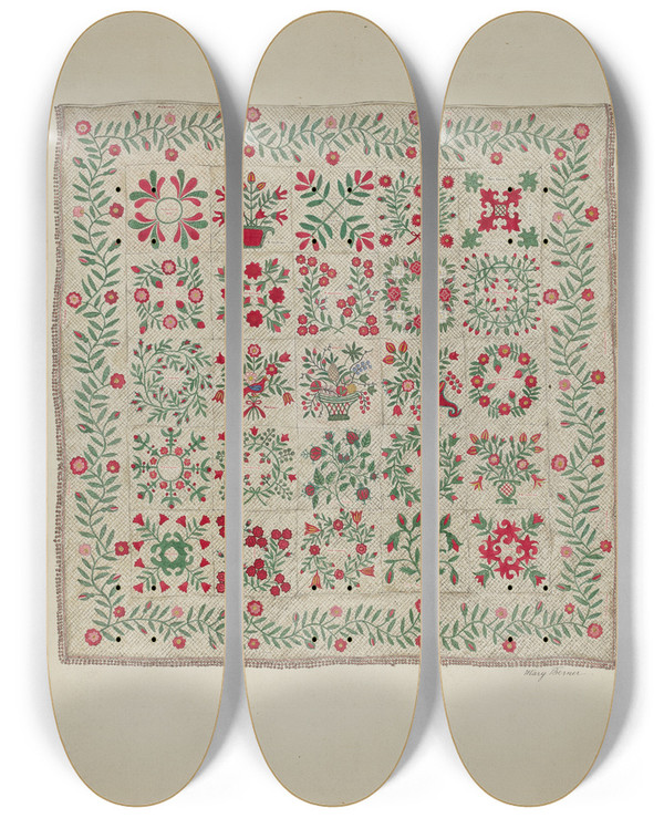 Triptych art skateboard deck of Mary Berner Applique Quilt by Mary Berner
