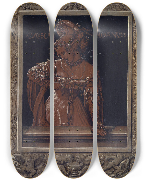 Triptych art skateboard deck of Niklaus Manuel Lucretia by Niklaus Manuel (1484-1530)