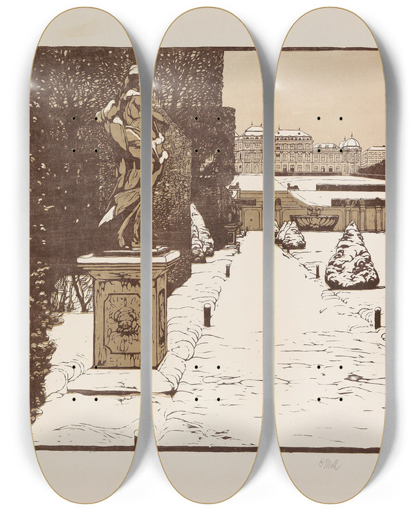 Triptych art skateboard deck of Carl Moll Belvederegarten Im Winter by Carl Moll (1861-1945)