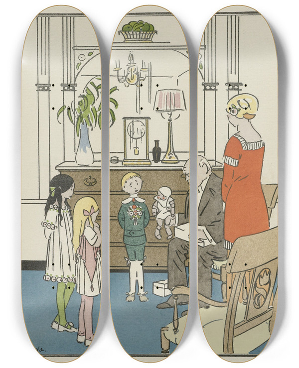 Triptych art skateboard deck of Charlesemile Carlgle Le Bon Oncle Costumes Denfants by Charles Emile Carlegle (1877-1937)
