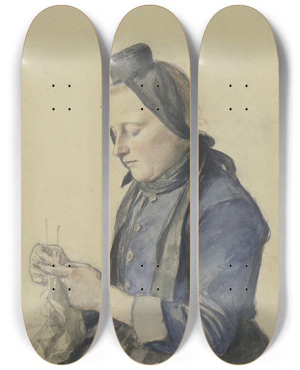 Triptych art skateboard deck of Jacob Happ Schwlmer Mdchen Strickend by Jacob Happ (1861-1936)