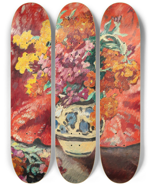 Triptych art skateboard deck of Louis Valtat Vase De Fleurs La Draperie Rouge by Louis Valtat (1869-1952)