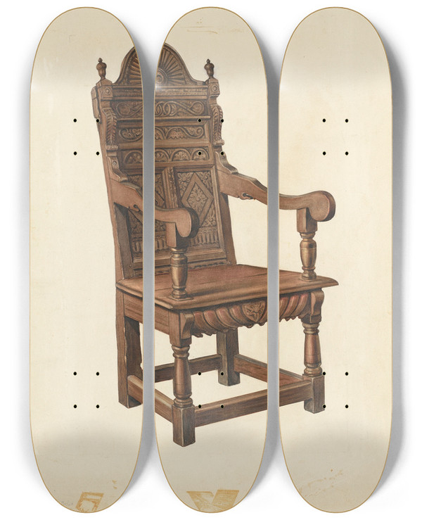 Triptych art skateboard deck of Lawrence Phillips Jacobean Armchair by Lawrence Phillips